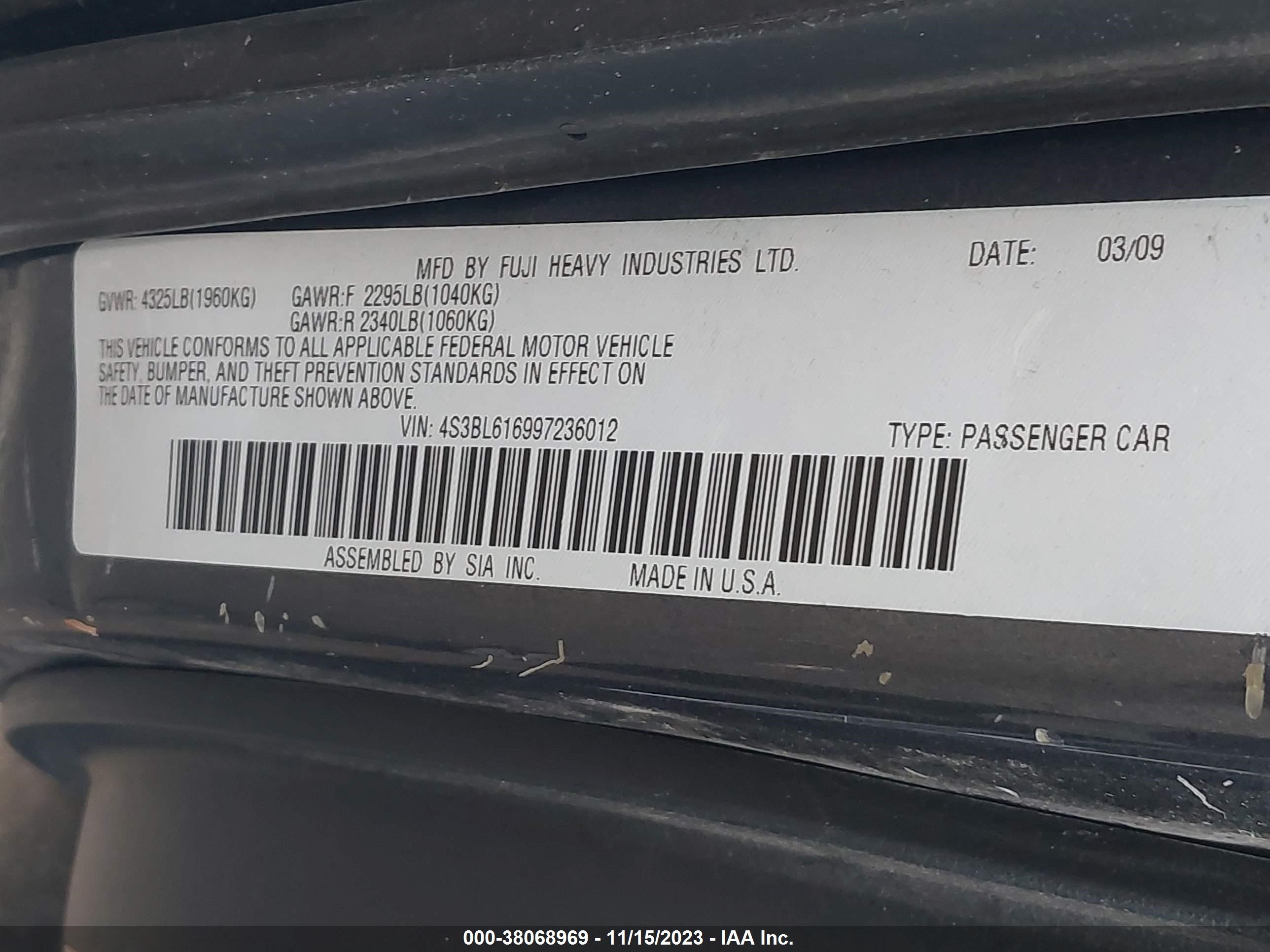 Photo 8 VIN: 4S3BL616997236012 - SUBARU LEGACY 