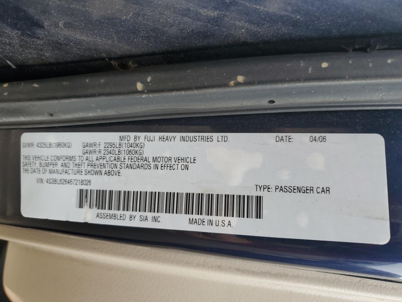 Photo 11 VIN: 4S3BL626467218026 - SUBARU LEGACY 