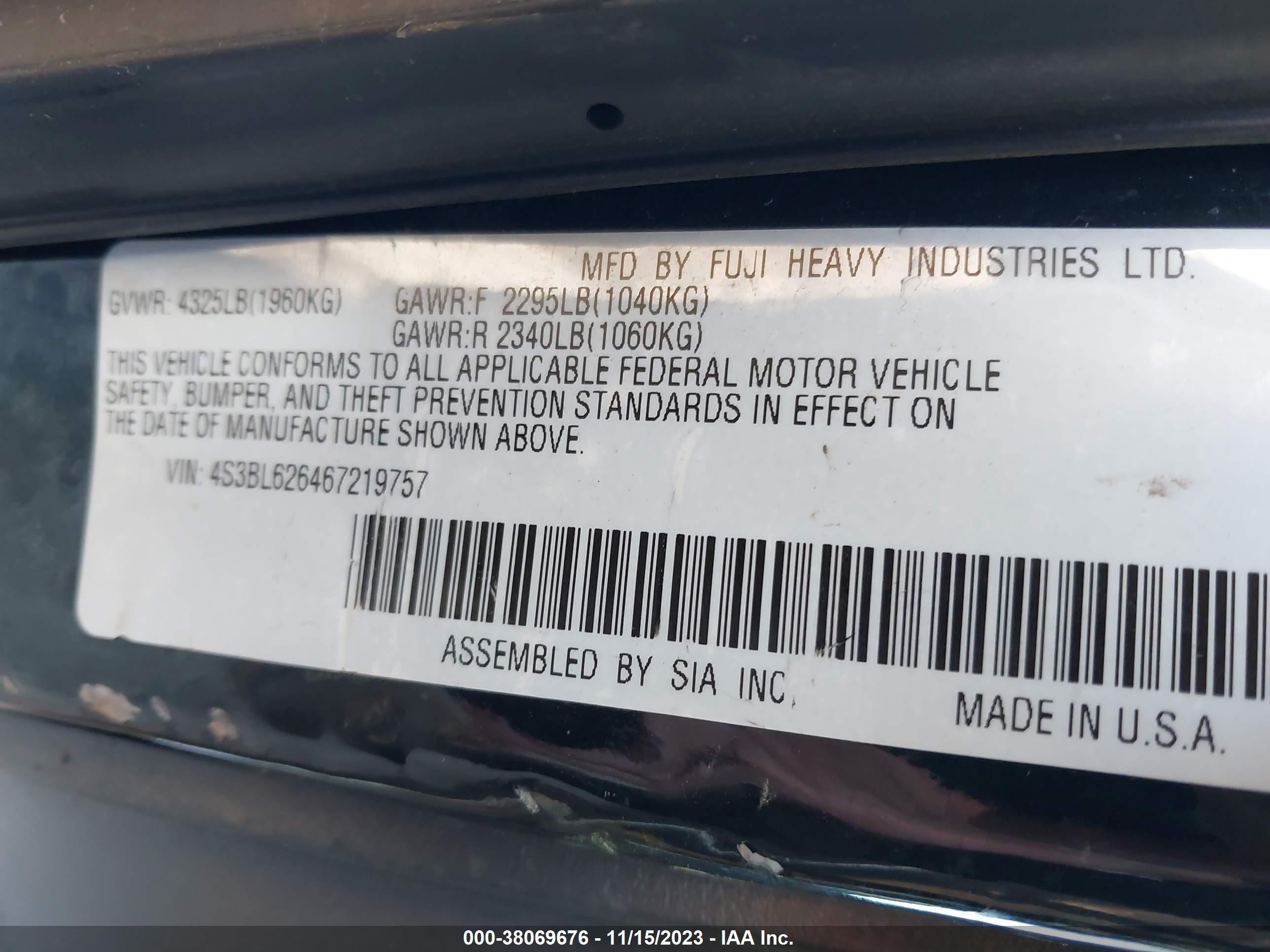 Photo 7 VIN: 4S3BL626467219757 - SUBARU LEGACY 