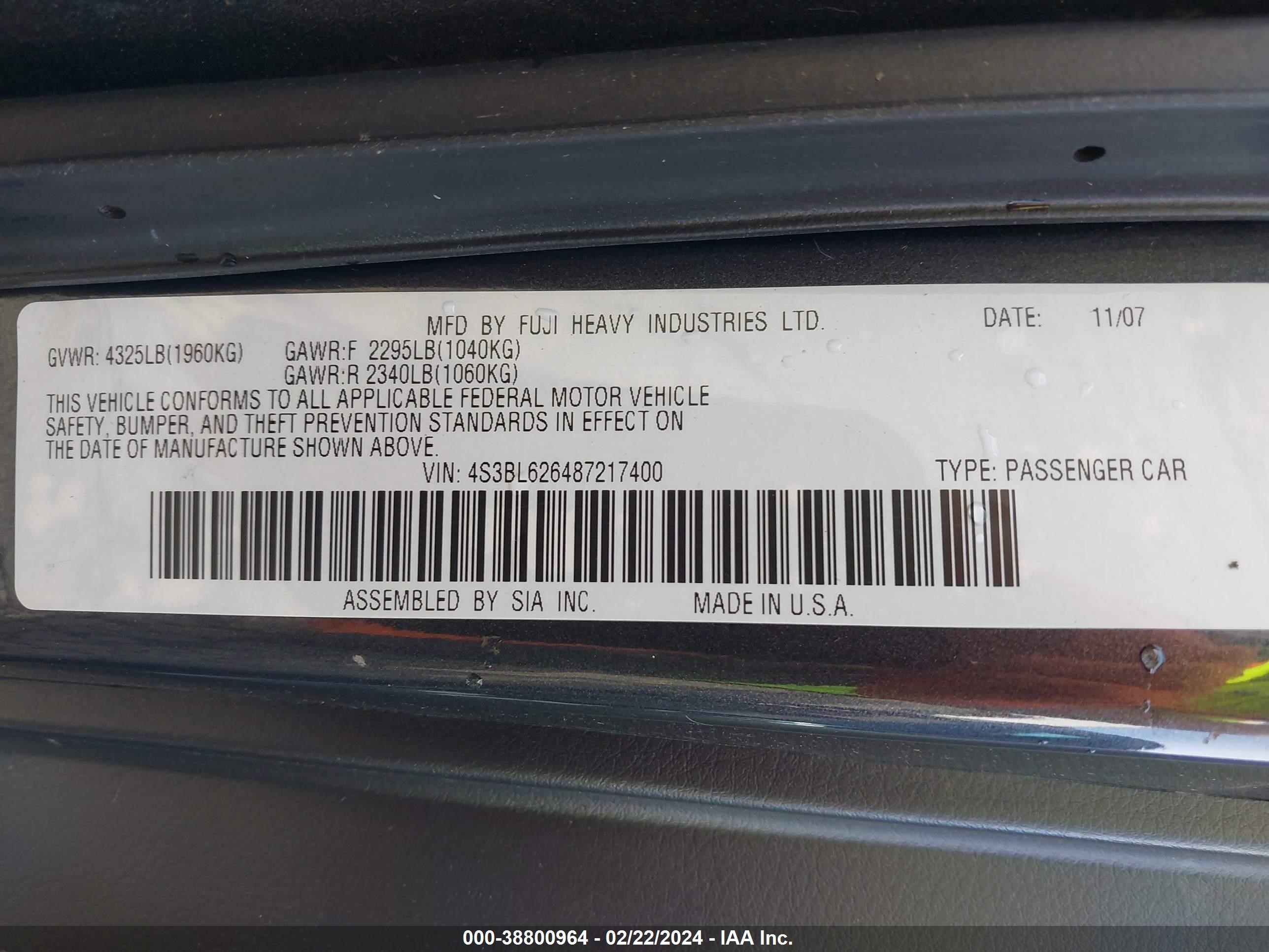 Photo 8 VIN: 4S3BL626487217400 - SUBARU LEGACY 