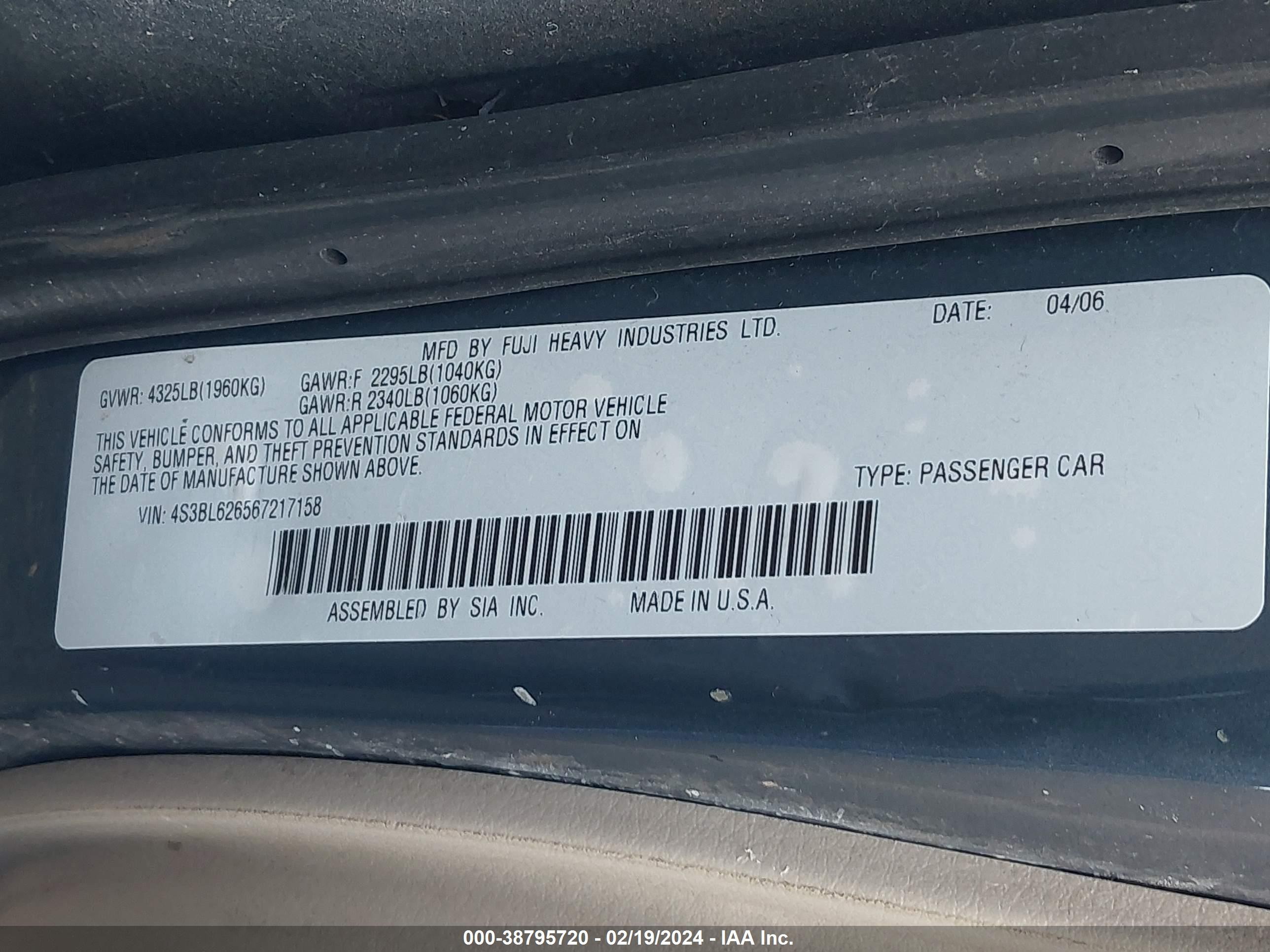 Photo 8 VIN: 4S3BL626567217158 - SUBARU LEGACY 