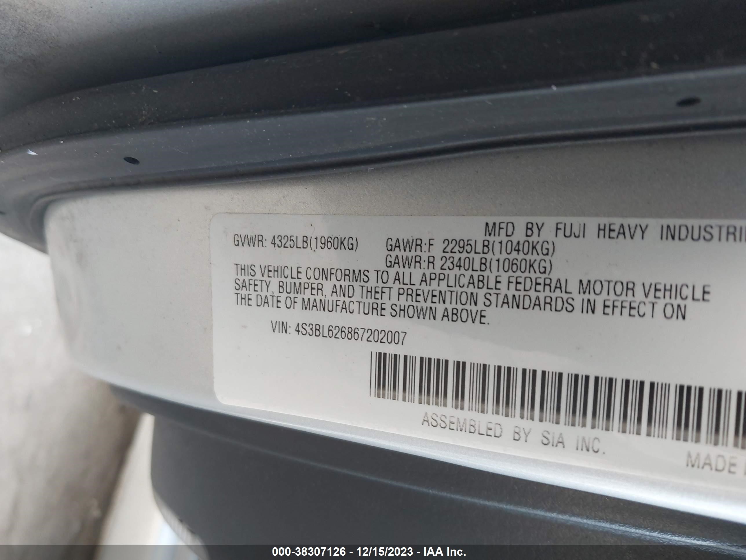 Photo 8 VIN: 4S3BL626867202007 - SUBARU LEGACY 