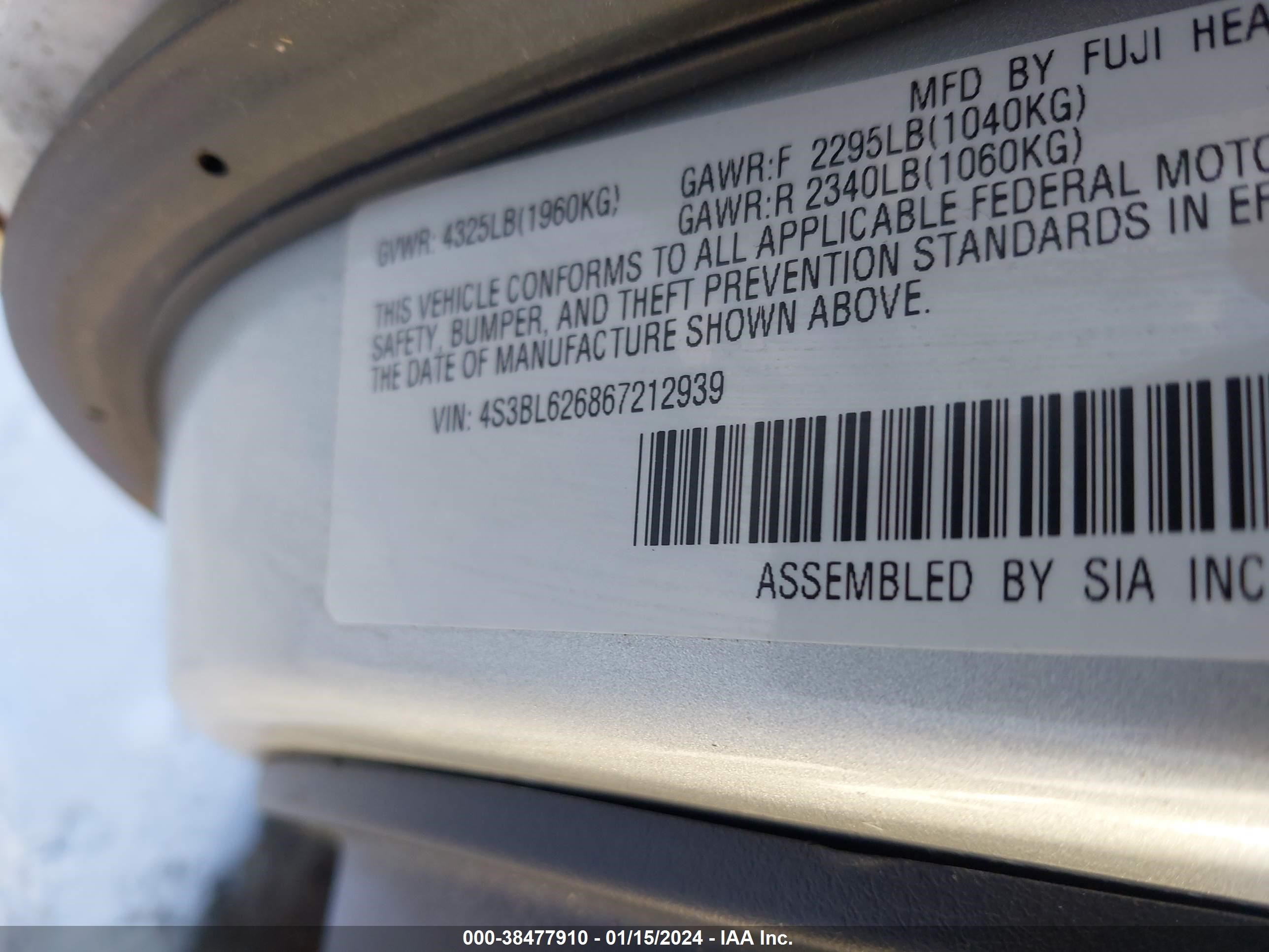 Photo 8 VIN: 4S3BL626867212939 - SUBARU LEGACY 