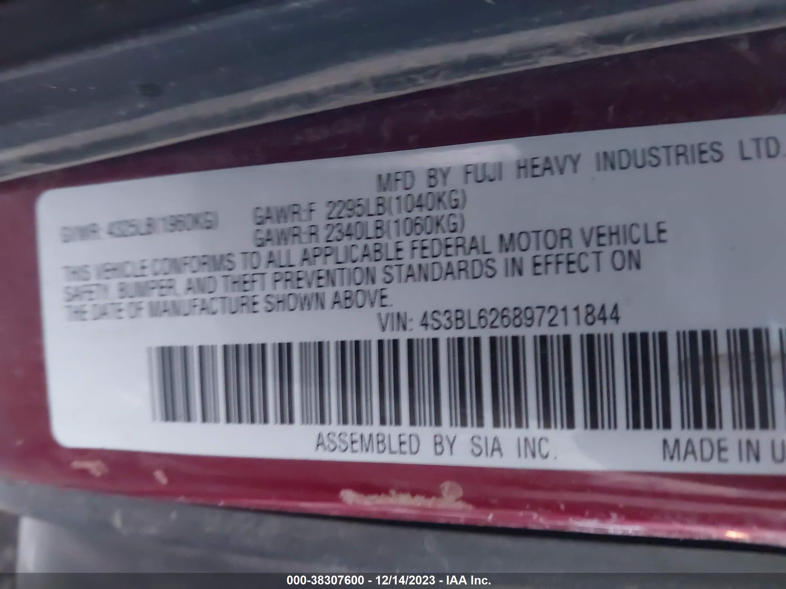 Photo 8 VIN: 4S3BL626897211844 - SUBARU LEGACY 