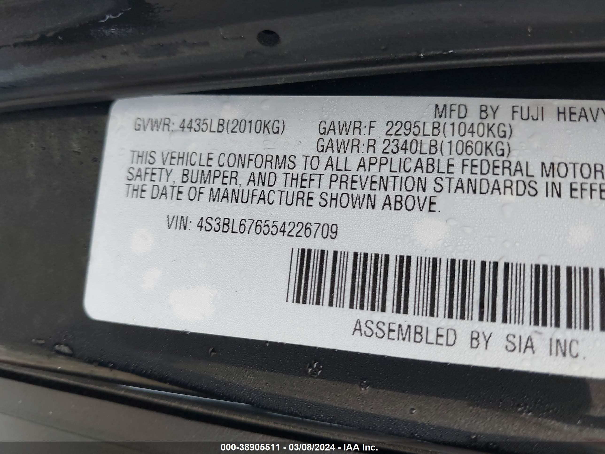 Photo 8 VIN: 4S3BL676554226709 - SUBARU LEGACY 