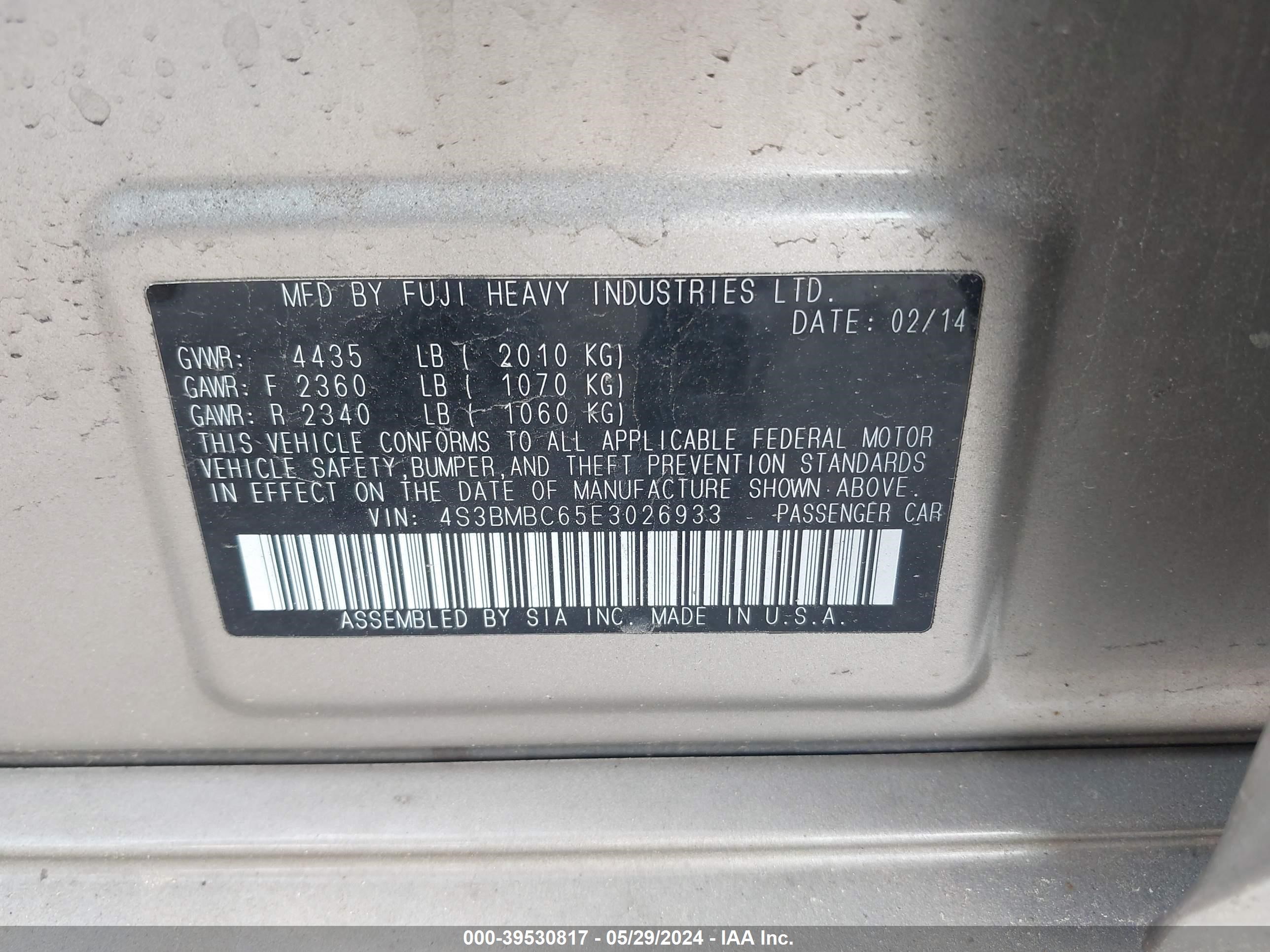 Photo 8 VIN: 4S3BMBC65E3026933 - SUBARU LEGACY 