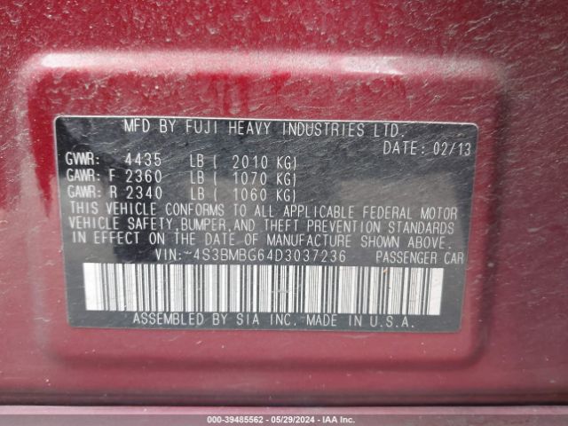 Photo 8 VIN: 4S3BMBG64D3037236 - SUBARU LEGACY 