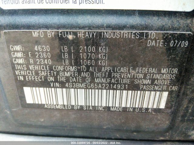 Photo 8 VIN: 4S3BMEG65A2214931 - SUBARU LEGACY 