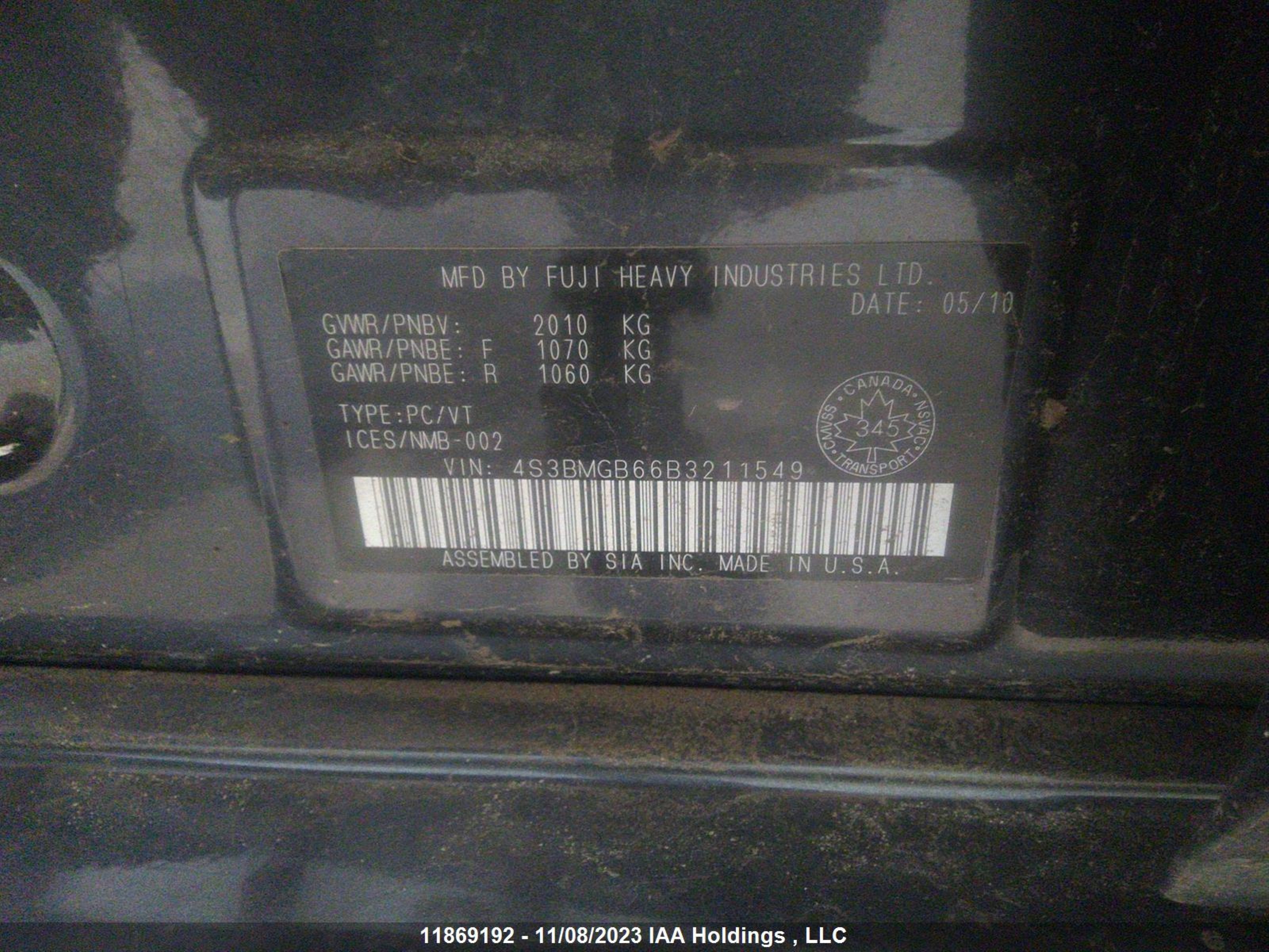 Photo 8 VIN: 4S3BMGB66B3211549 - SUBARU LEGACY 