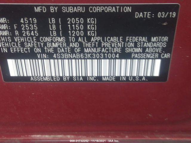 Photo 8 VIN: 4S3BNAB63K3031004 - SUBARU LEGACY 