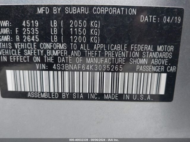 Photo 8 VIN: 4S3BNAF64K3035265 - SUBARU LEGACY 