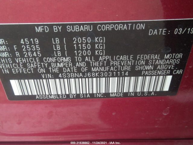 Photo 8 VIN: 4S3BNAJ68K3031114 - SUBARU LEGACY 