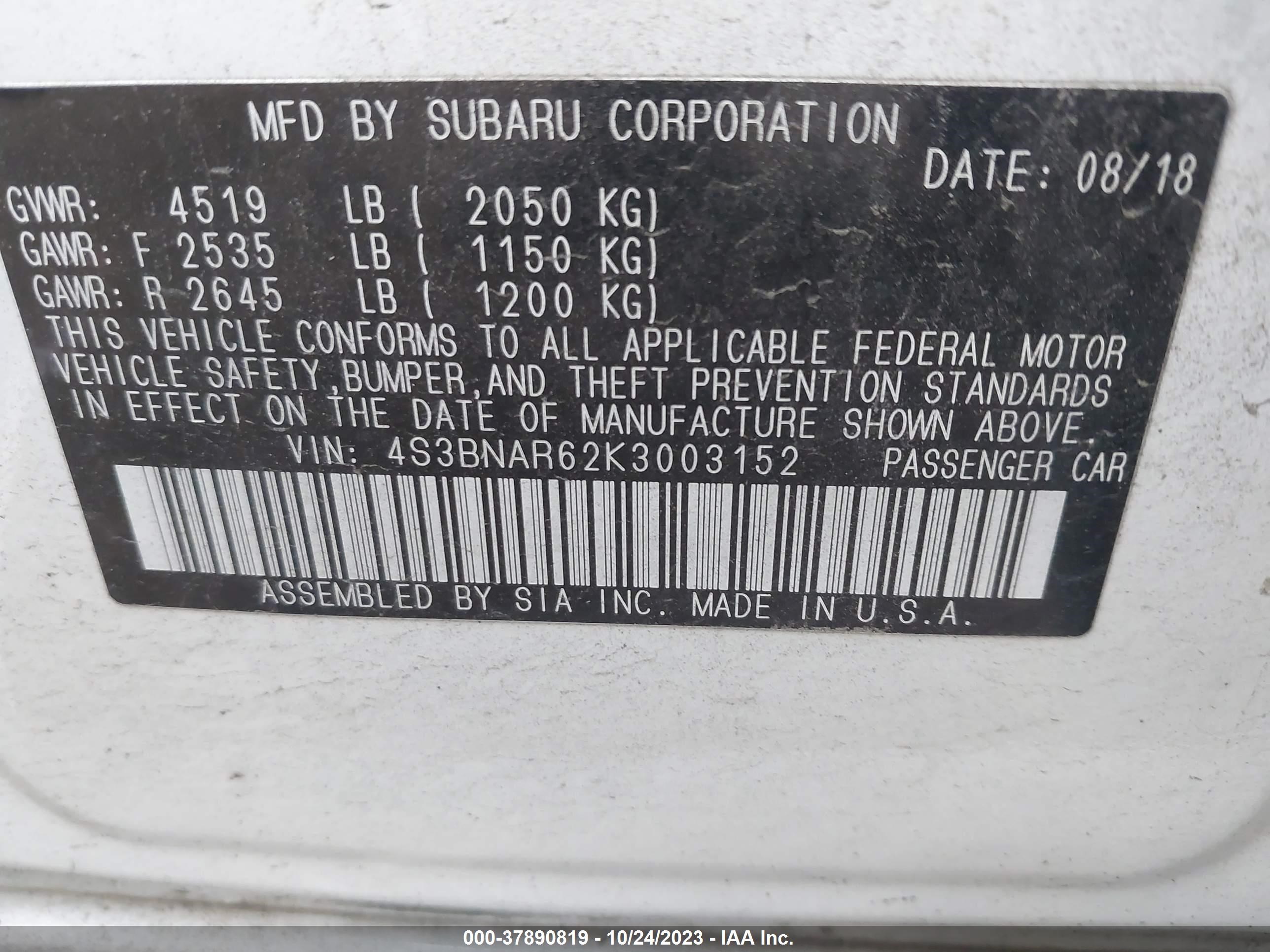 Photo 8 VIN: 4S3BNAR62K3003152 - SUBARU LEGACY 