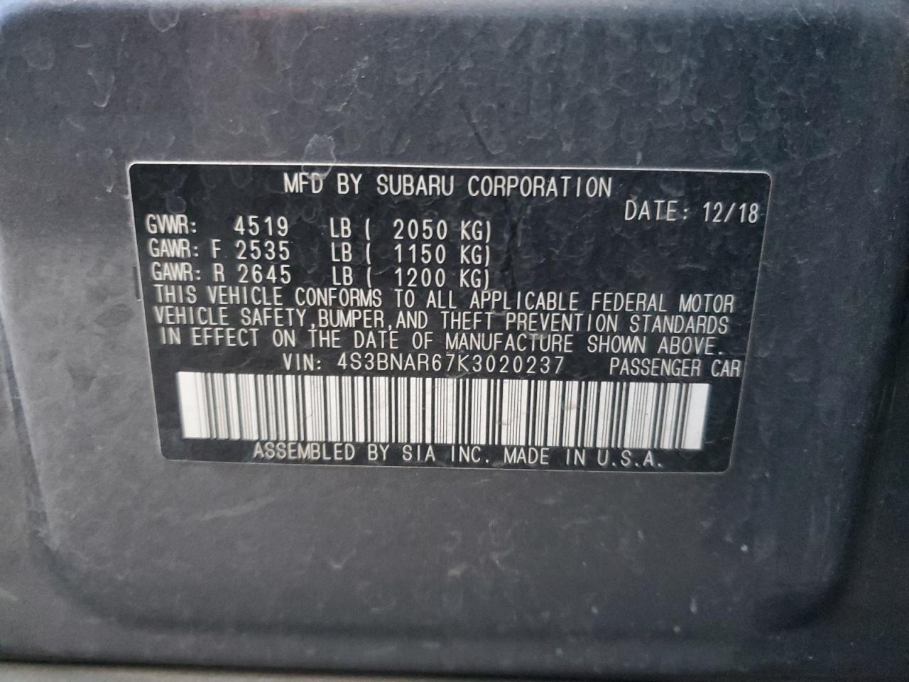 Photo 10 VIN: 4S3BNAR67K3020237 - SUBARU LEGACY 