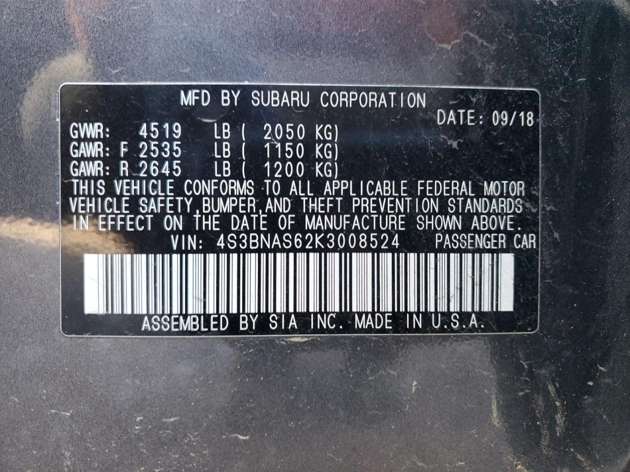 Photo 11 VIN: 4S3BNAS62K3008524 - SUBARU LEGACY 