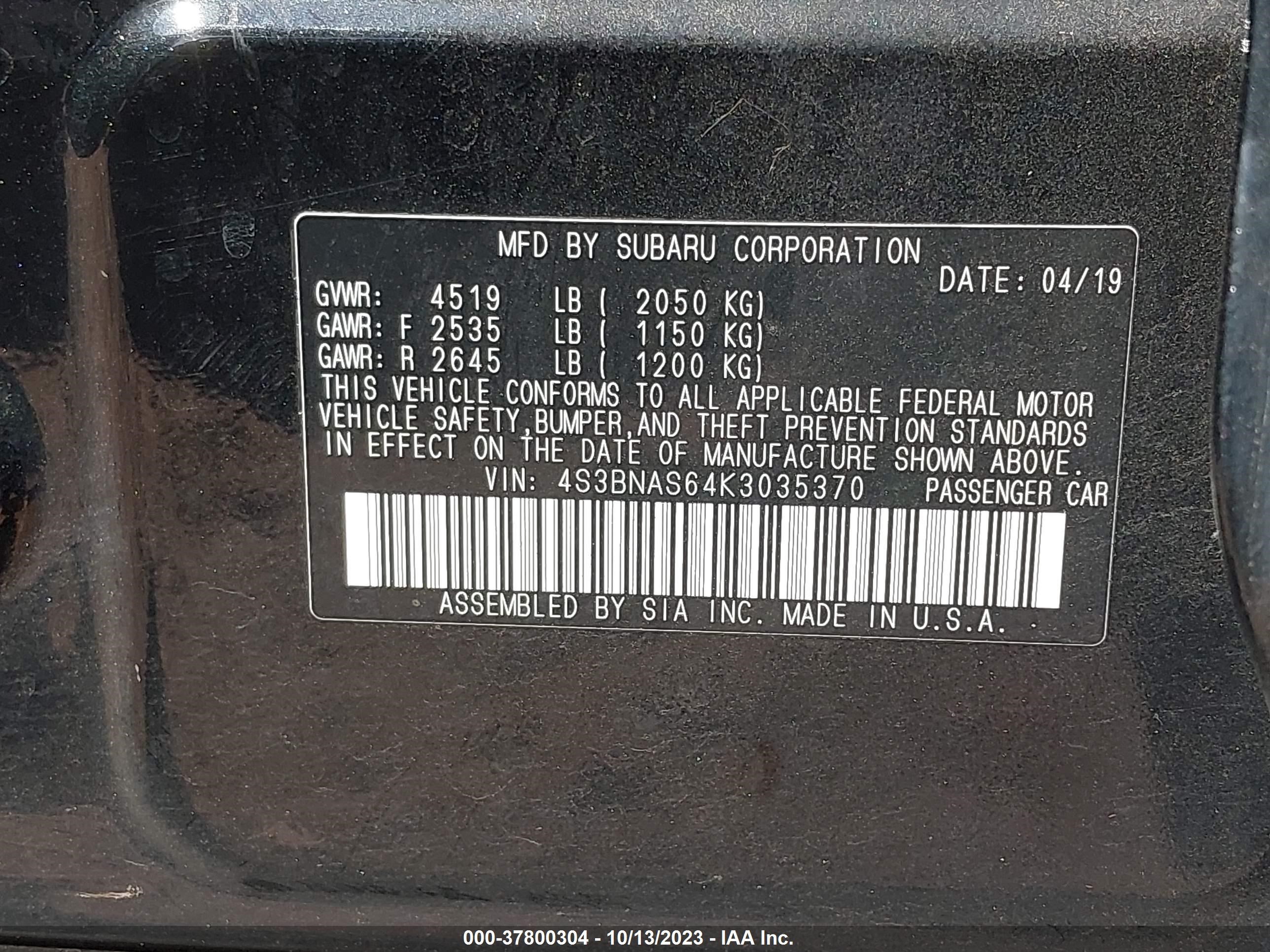 Photo 8 VIN: 4S3BNAS64K3035370 - SUBARU LEGACY 