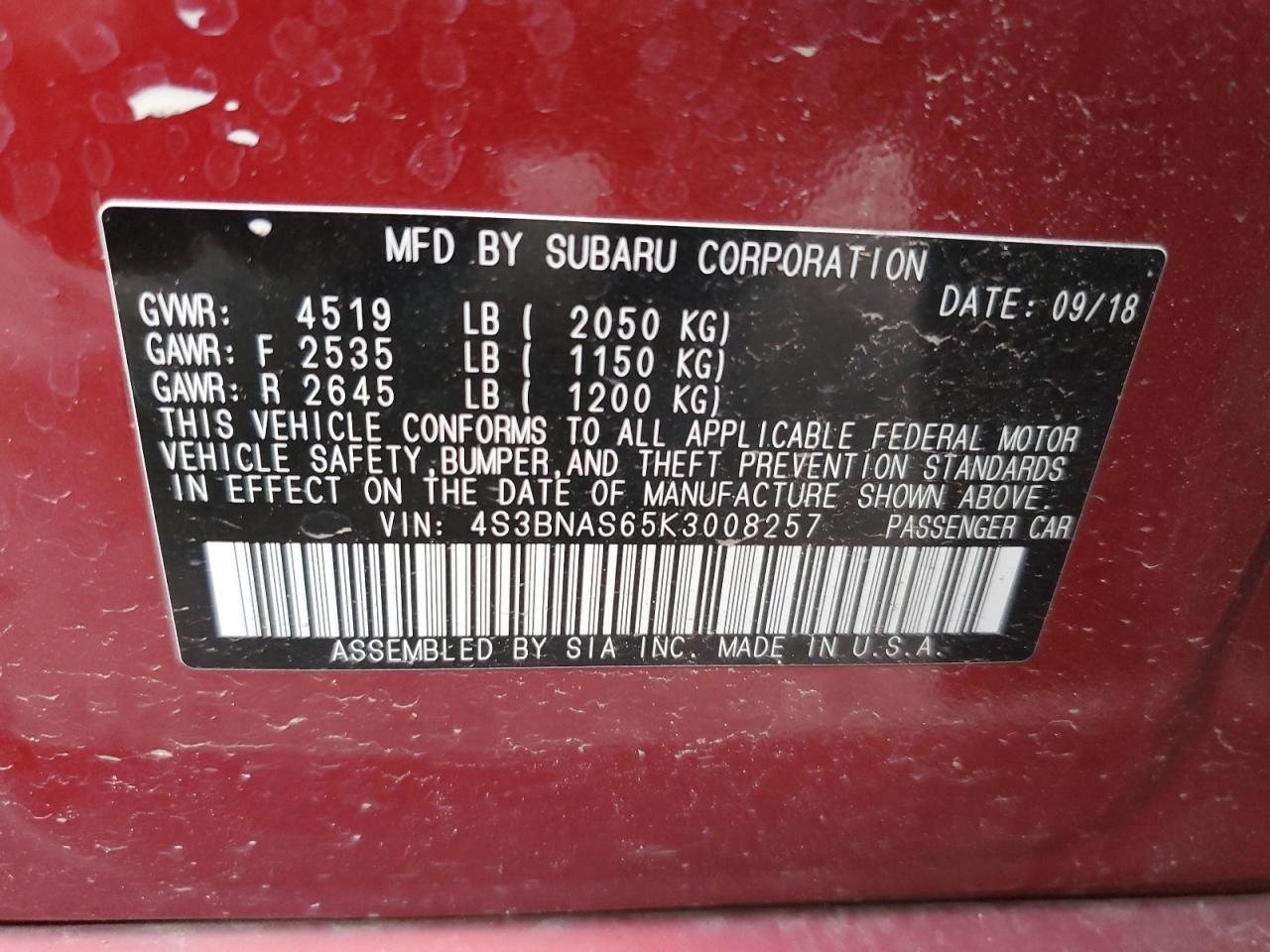 Photo 12 VIN: 4S3BNAS65K3008257 - SUBARU LEGACY 