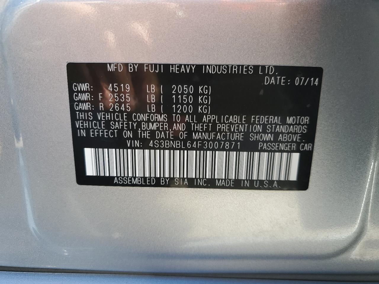 Photo 11 VIN: 4S3BNBL64F3007871 - SUBARU LEGACY 