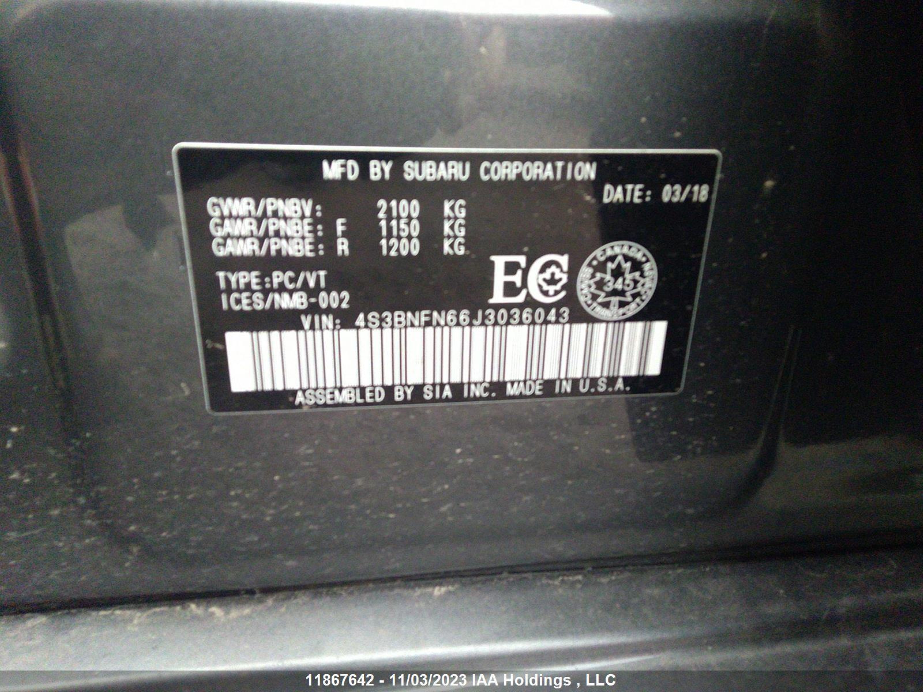 Photo 8 VIN: 4S3BNFN66J3036043 - SUBARU LEGACY 