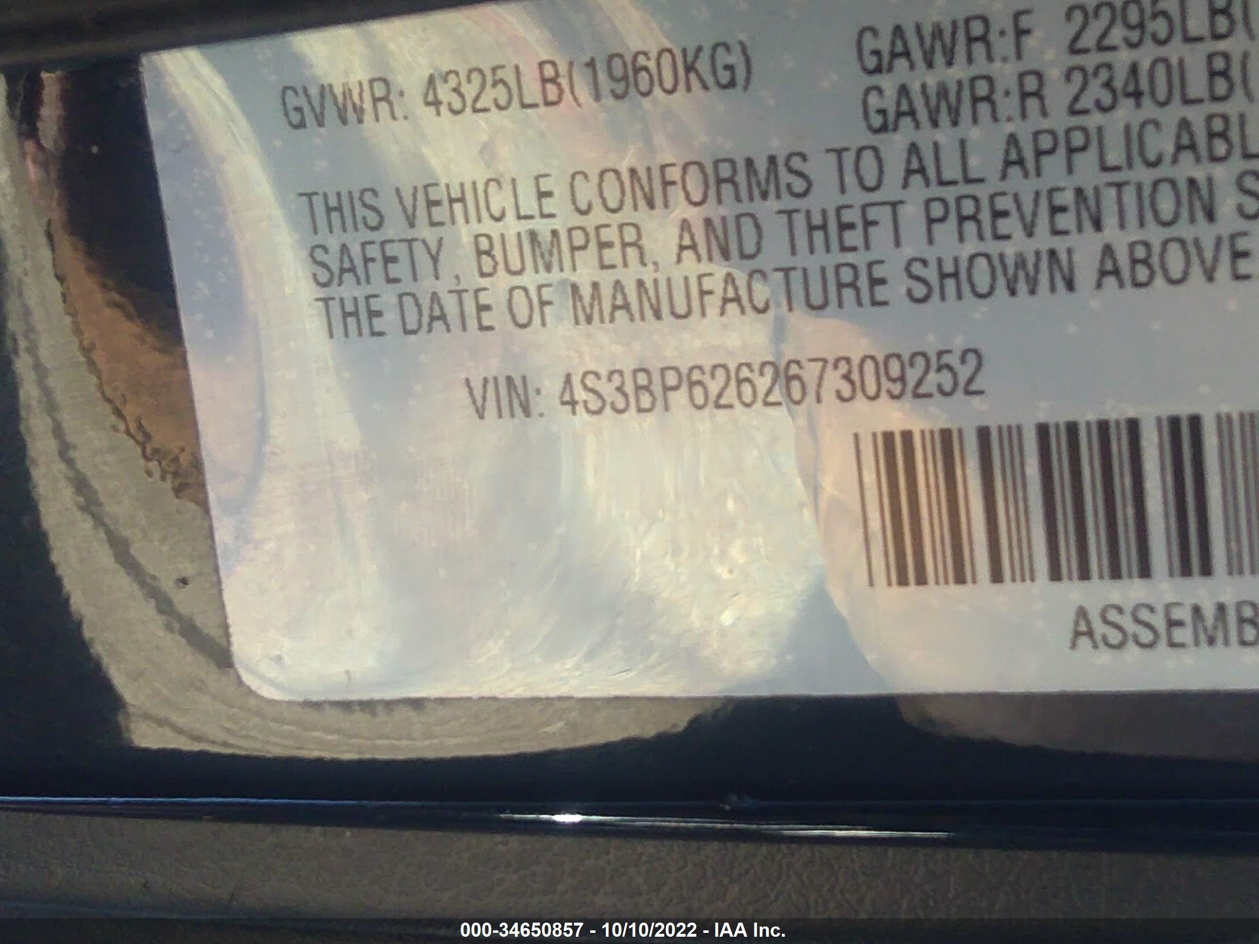 Photo 8 VIN: 4S3BP626267309252 - SUBARU LEGACY 