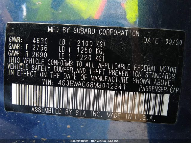 Photo 8 VIN: 4S3BWAC68M3002841 - SUBARU LEGACY 