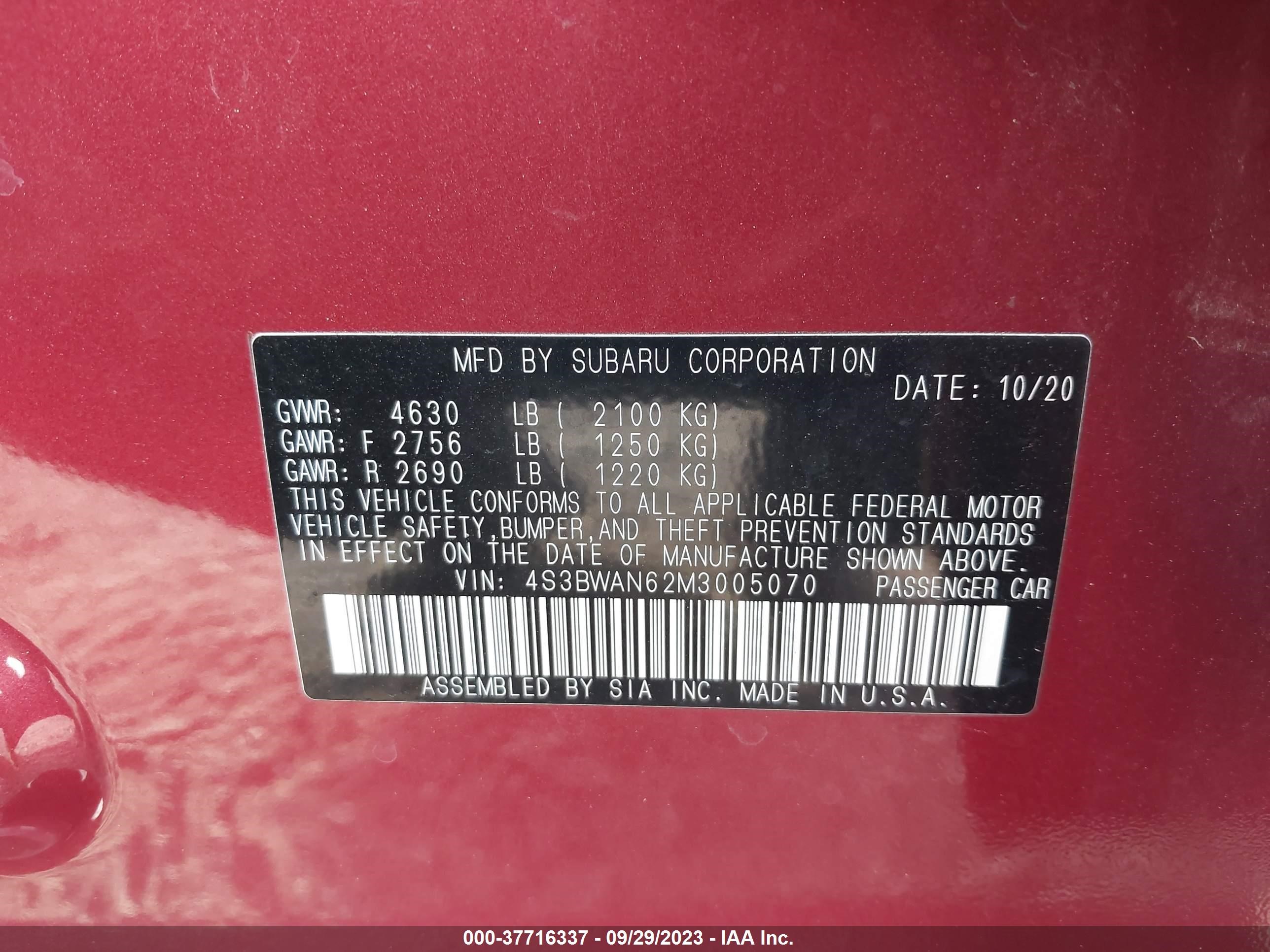 Photo 8 VIN: 4S3BWAN62M3005070 - SUBARU LEGACY 