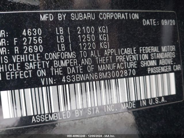 Photo 8 VIN: 4S3BWAN68M3002870 - SUBARU LEGACY 