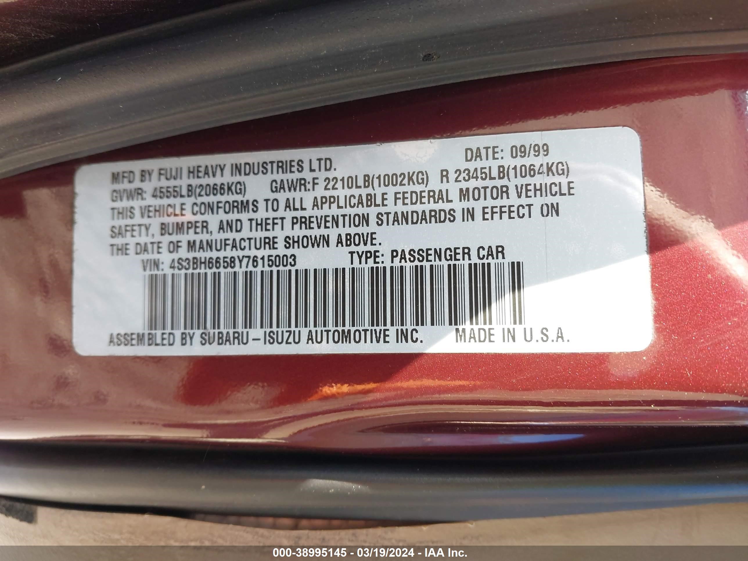 Photo 8 VIN: 4S3DH6658Y7615003 - SUBARU OUTBACK 