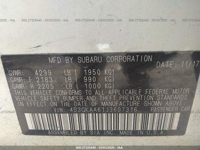 Photo 8 VIN: 4S3GKAA61J3607316 - SUBARU IMPREZA 