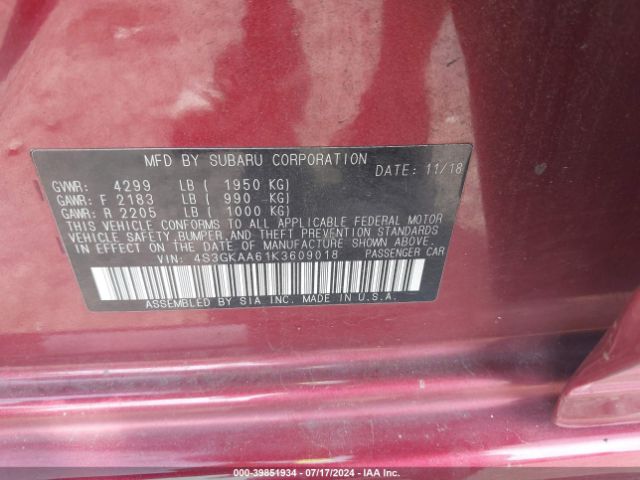 Photo 8 VIN: 4S3GKAA61K3609018 - SUBARU IMPREZA 