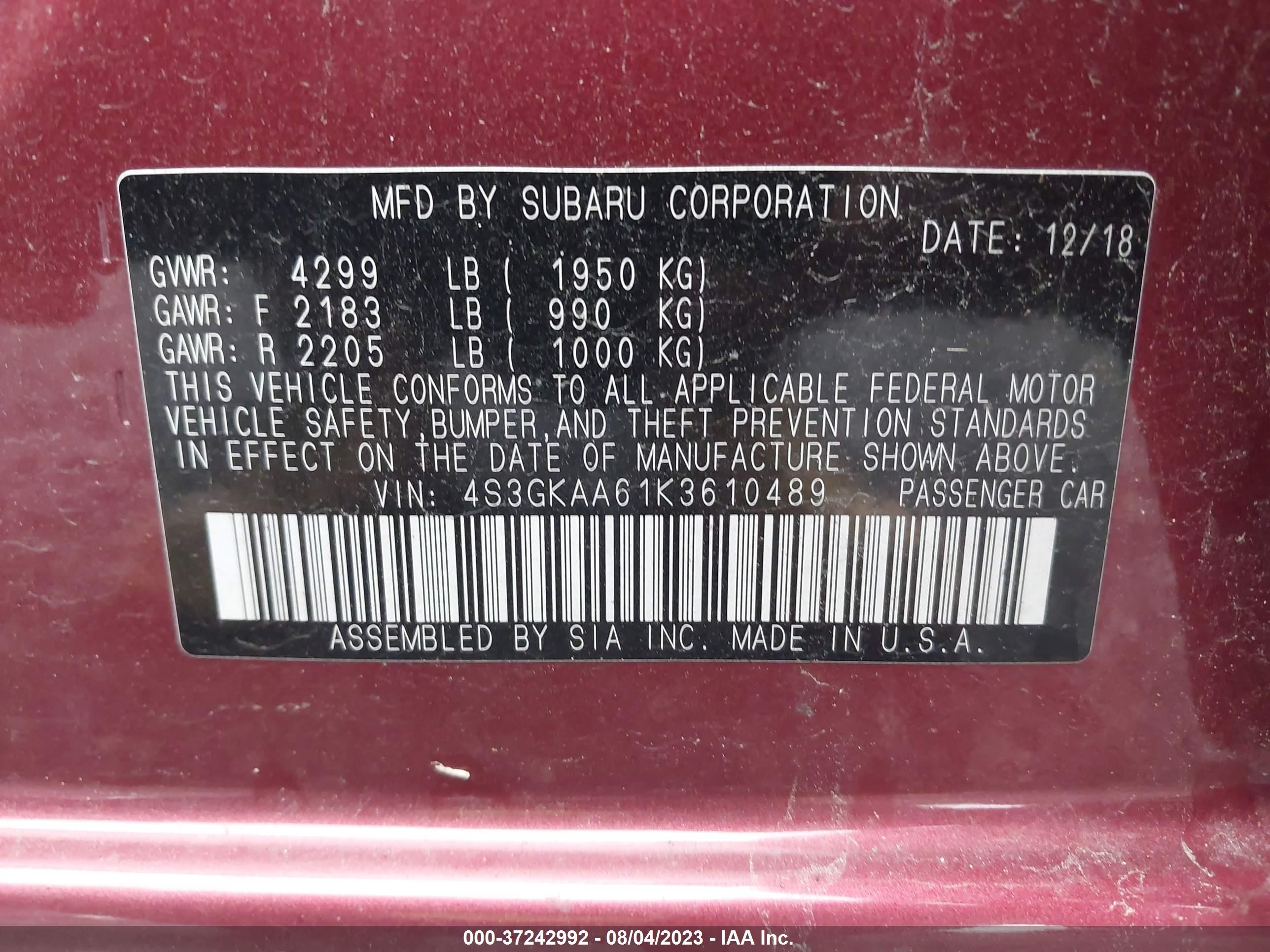 Photo 8 VIN: 4S3GKAA61K3610489 - SUBARU IMPREZA 