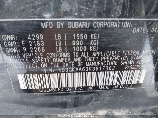 Photo 8 VIN: 4S3GKAA63K3617363 - SUBARU IMPREZA 