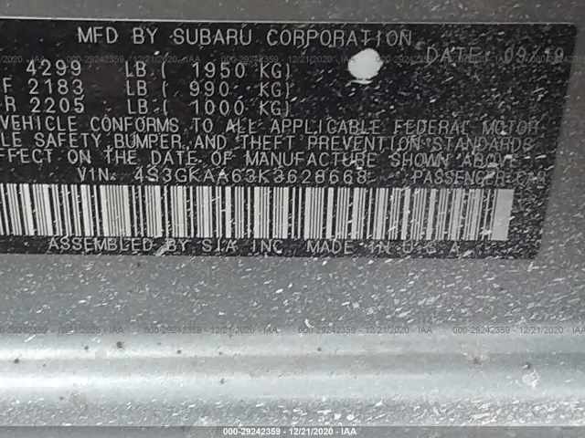 Photo 8 VIN: 4S3GKAA63K3628668 - SUBARU IMPREZA 