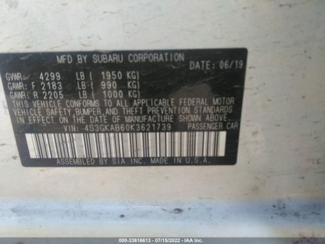 Photo 8 VIN: 4S3GKAB60K3621739 - SUBARU IMPREZA 