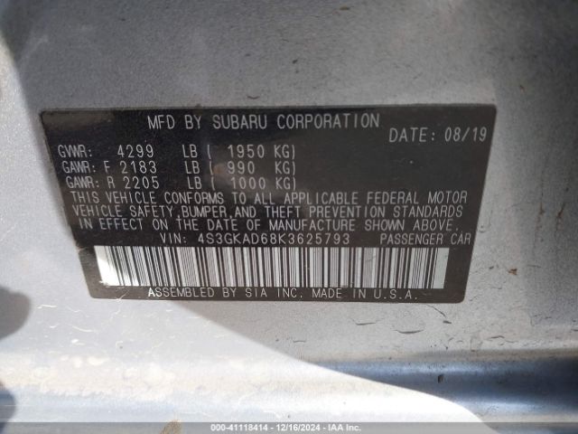 Photo 8 VIN: 4S3GKAD68K3625793 - SUBARU IMPREZA 