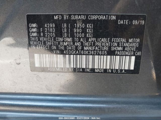 Photo 8 VIN: 4S3GKAT60K3627605 - SUBARU IMPREZA 