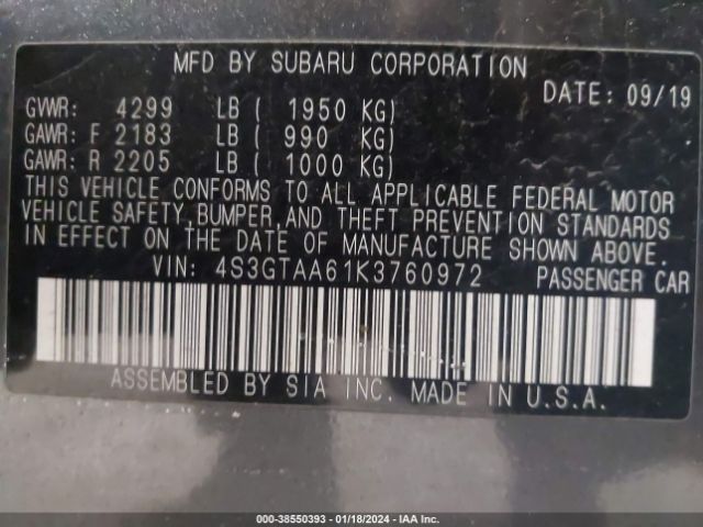 Photo 8 VIN: 4S3GTAA61K3760972 - SUBARU IMPREZA 