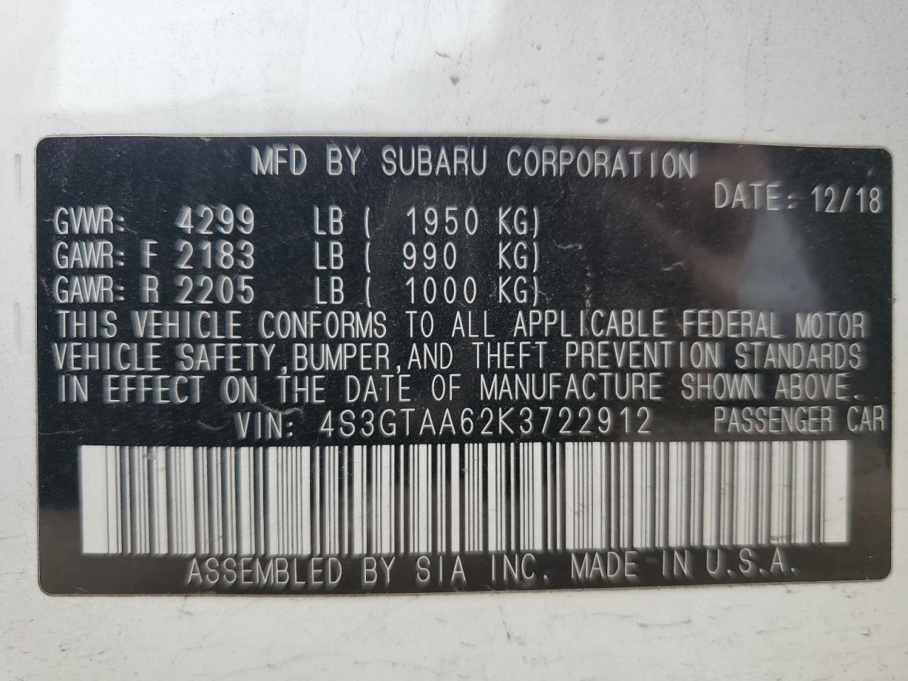 Photo 11 VIN: 4S3GTAA62K3722912 - SUBARU IMPREZA 