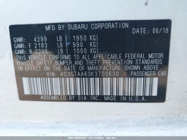 Photo 8 VIN: 4S3GTAA63K3700630 - SUBARU IMPREZA 