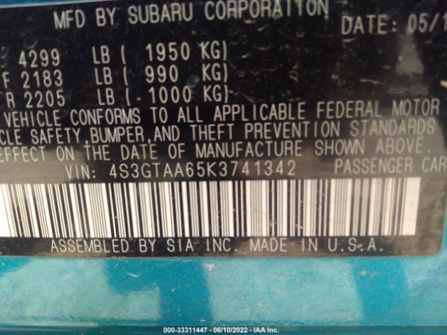 Photo 8 VIN: 4S3GTAA65K3741342 - SUBARU IMPREZA 