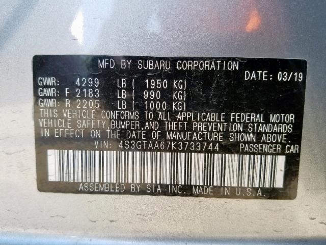 Photo 9 VIN: 4S3GTAA67K3733744 - SUBARU IMPREZA 