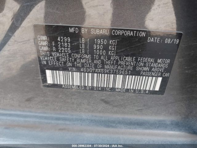 Photo 8 VIN: 4S3GTAA69K3759651 - SUBARU IMPREZA 