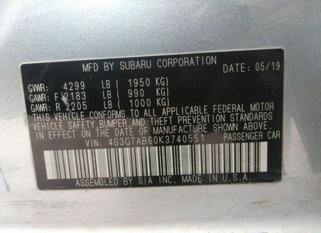 Photo 8 VIN: 4S3GTAB60K3740551 - SUBARU IMPREZA 