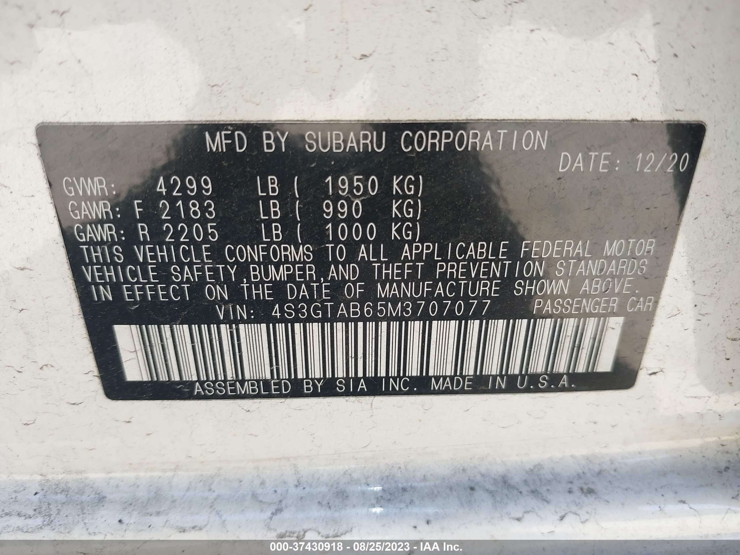 Photo 8 VIN: 4S3GTAB65M3707077 - SUBARU IMPREZA 