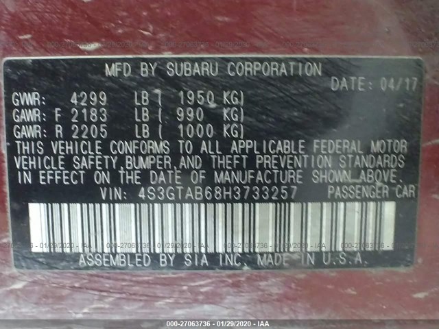 Photo 8 VIN: 4S3GTAB68H3733257 - SUBARU IMPREZA 