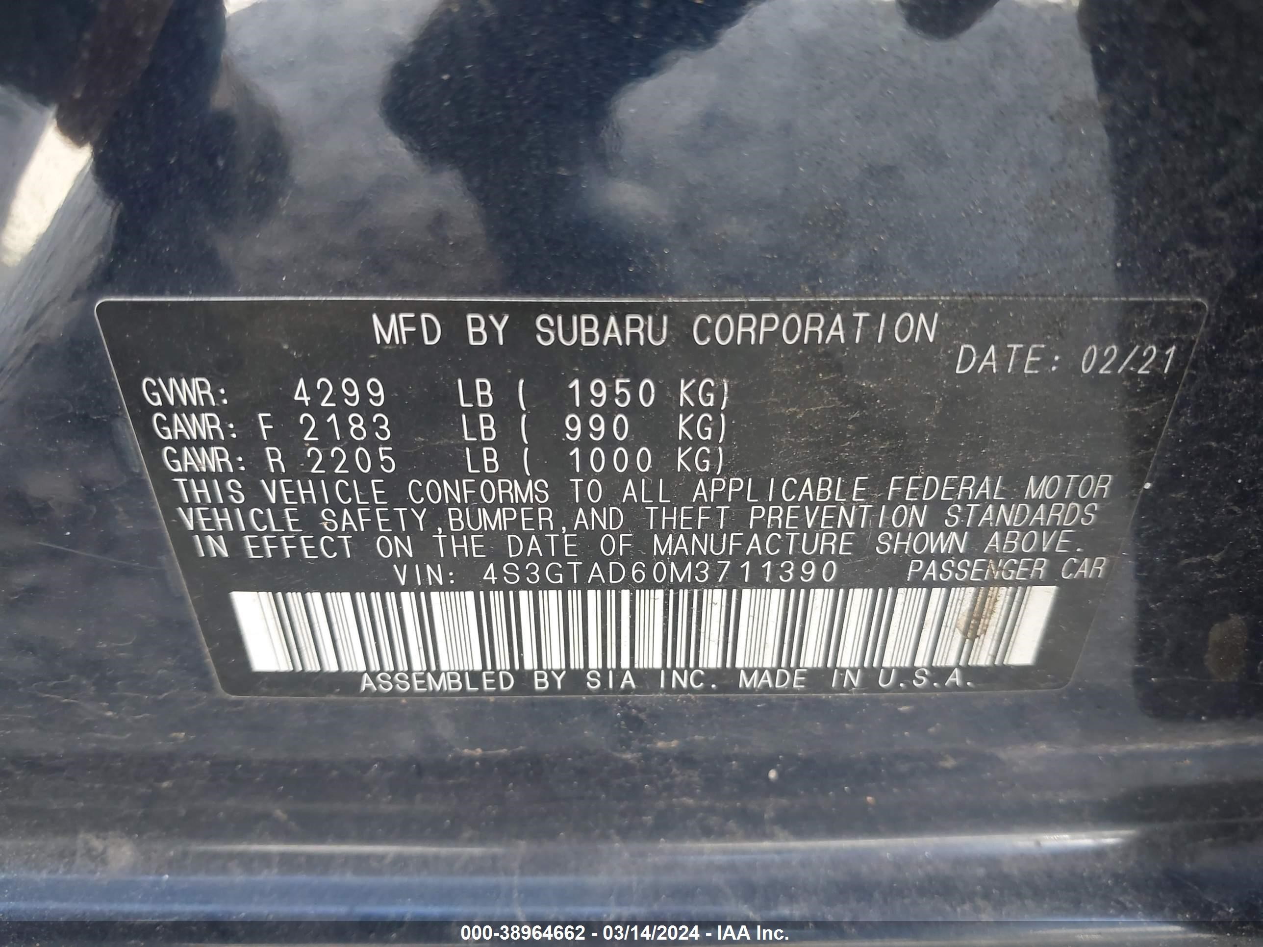 Photo 8 VIN: 4S3GTAD60M3711390 - SUBARU IMPREZA 