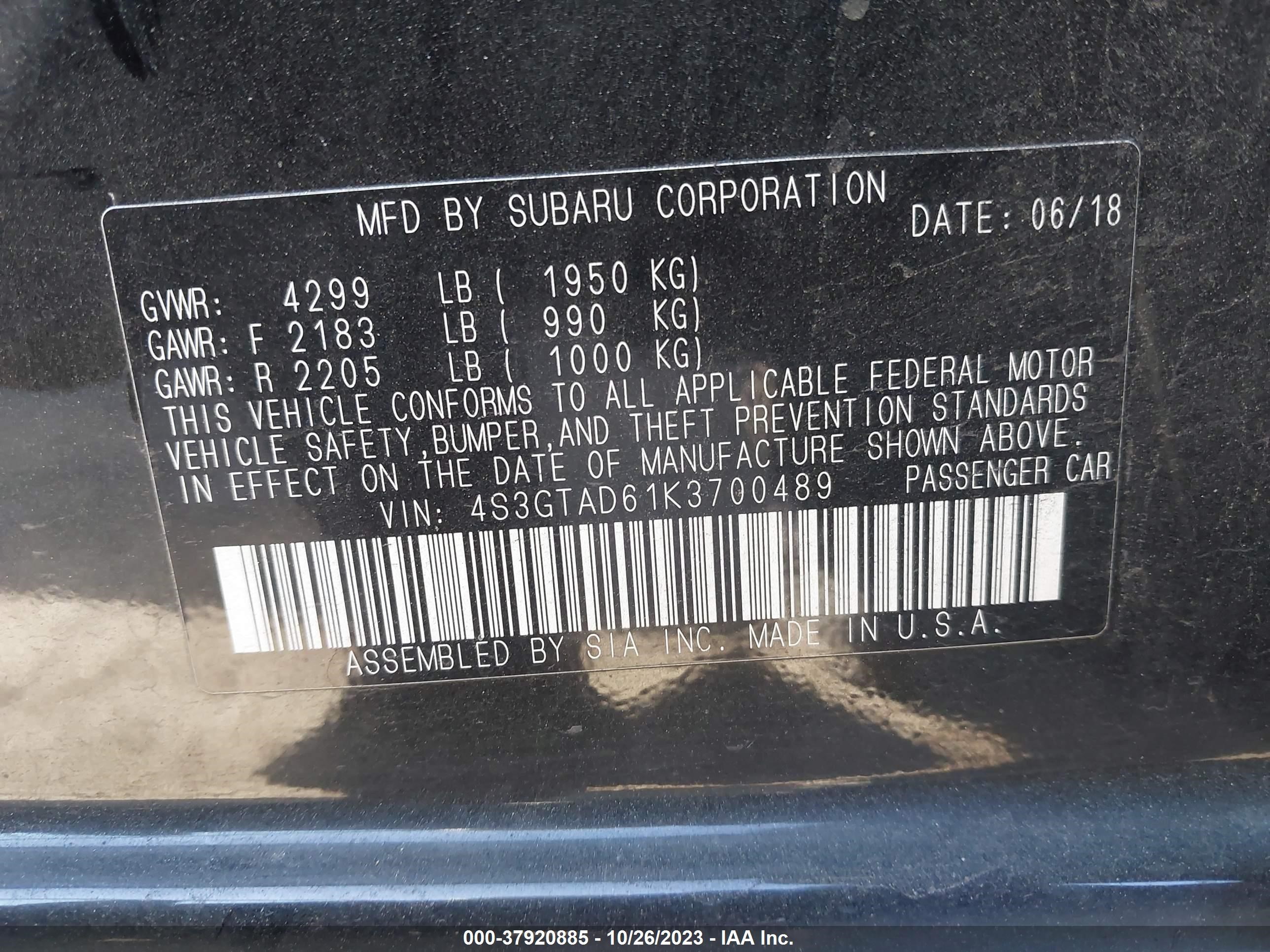 Photo 8 VIN: 4S3GTAD61K3700489 - SUBARU IMPREZA 