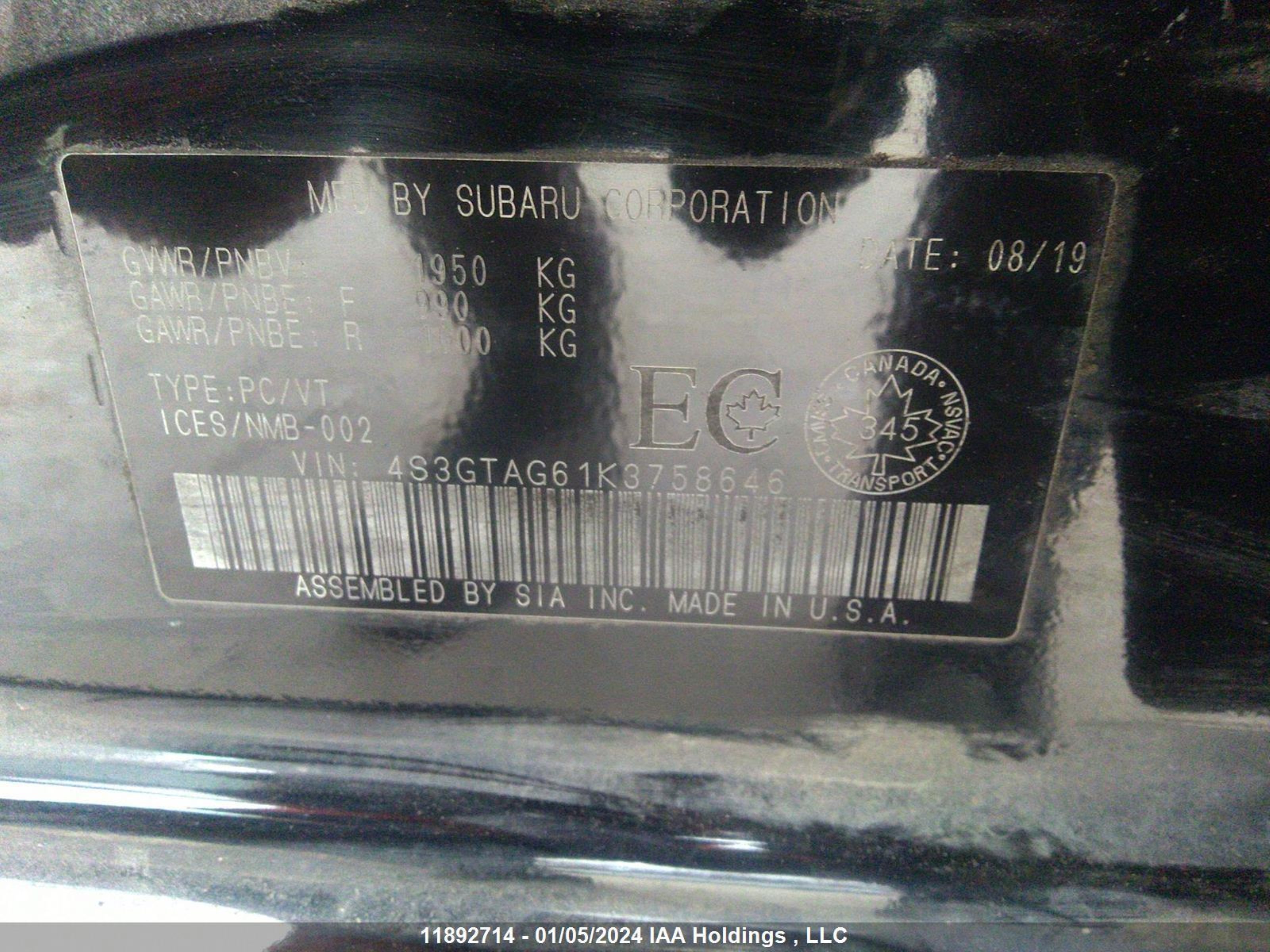 Photo 8 VIN: 4S3GTAG61K3758646 - SUBARU IMPREZA 