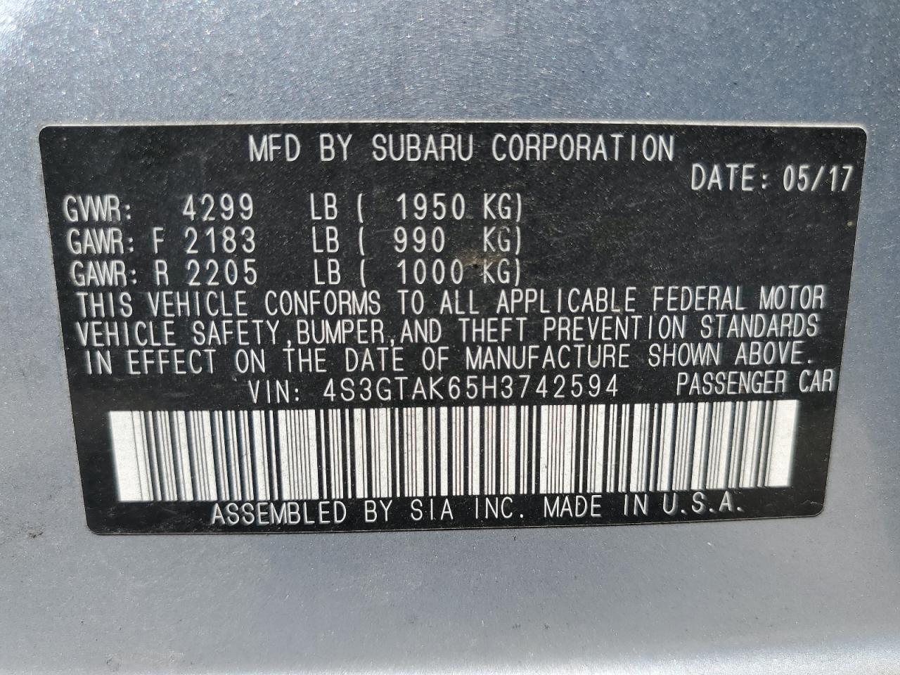 Photo 11 VIN: 4S3GTAK65H3742594 - SUBARU IMPREZA 