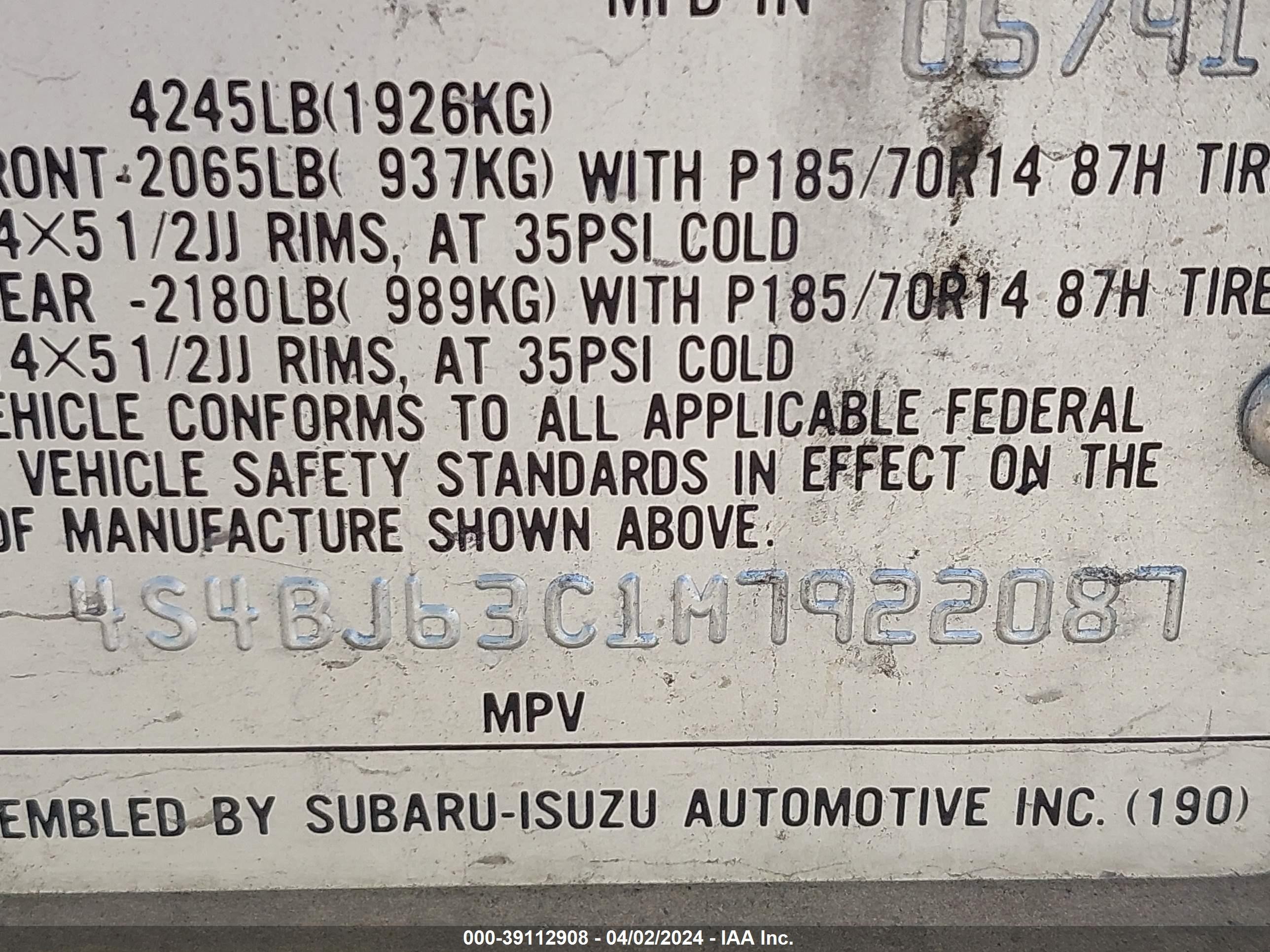 Photo 8 VIN: 4S4BJ63C1M7922087 - SUBARU LEGACY 